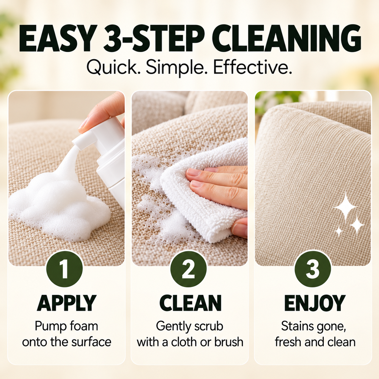 Three easy steps for using Jynvre Lemon Foam Cleaner