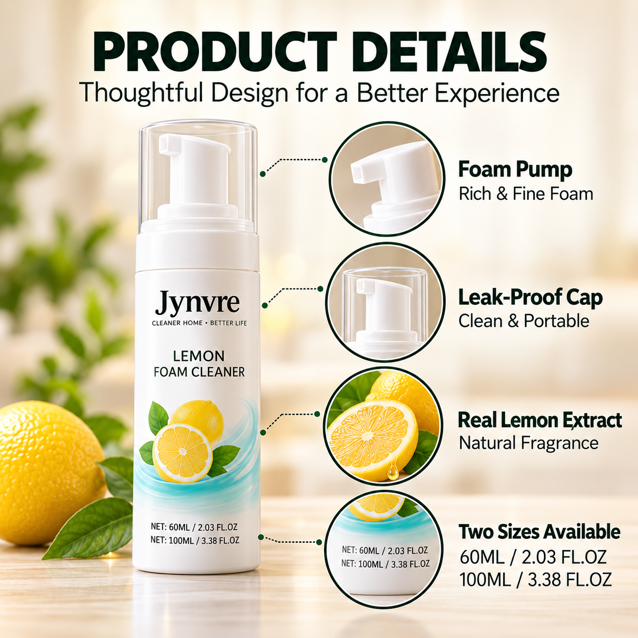 Jynvre Lemon Foam Cleaner foam pump and bottle details