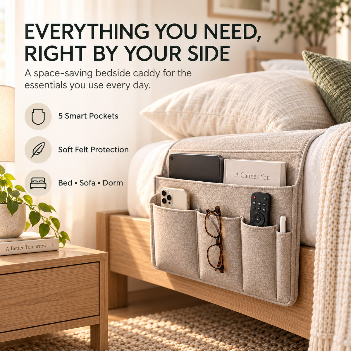 5 Pockets Felt Bedside Storage Organizer, Hanging Storage Organizer🛏️