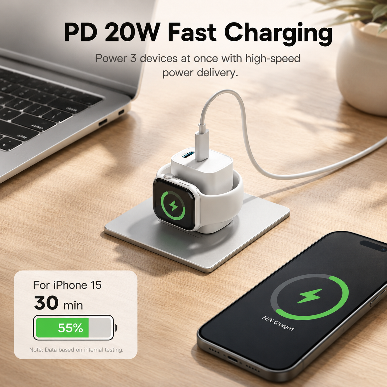 3-in-1 PD20W USB C Charger Block with Built-in Wireless Watch Charging