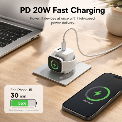 3-in-1 PD20W USB C Charger Block with Built-in Wireless Watch Charging