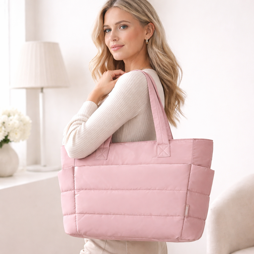 Large Capacity Quilted Tote Bag with Side Cup Holders