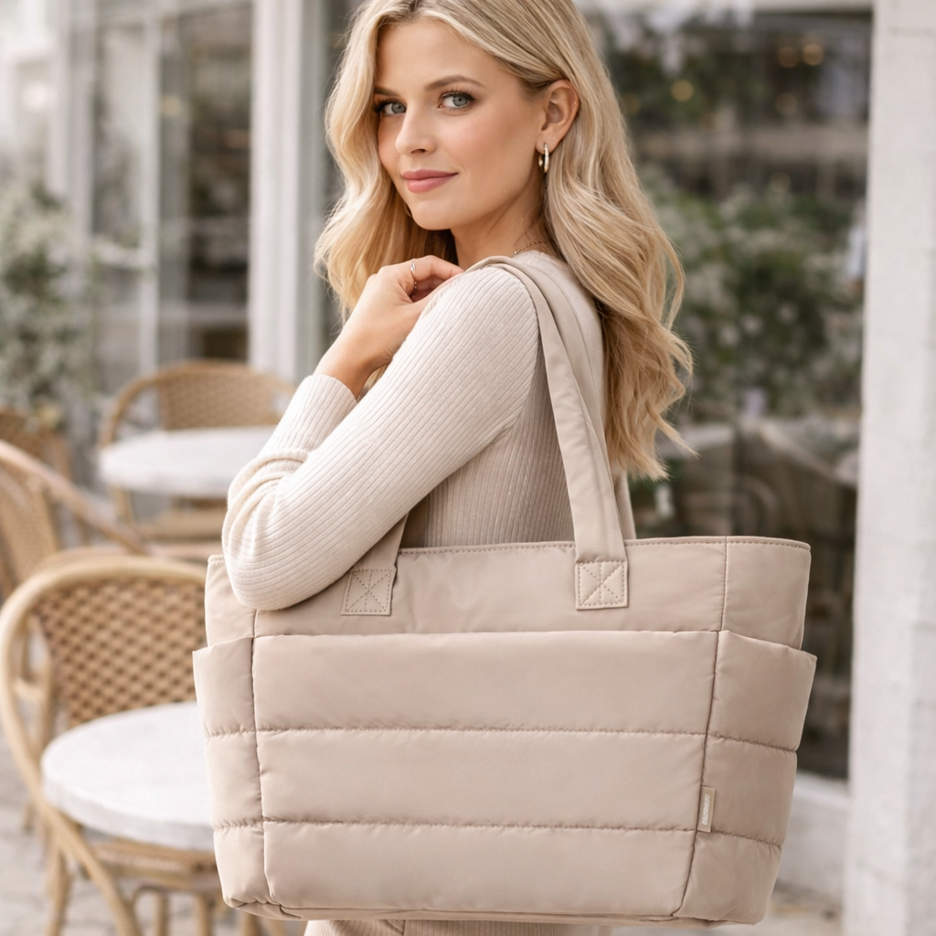 Large Capacity Quilted Tote Bag with Side Cup Holders