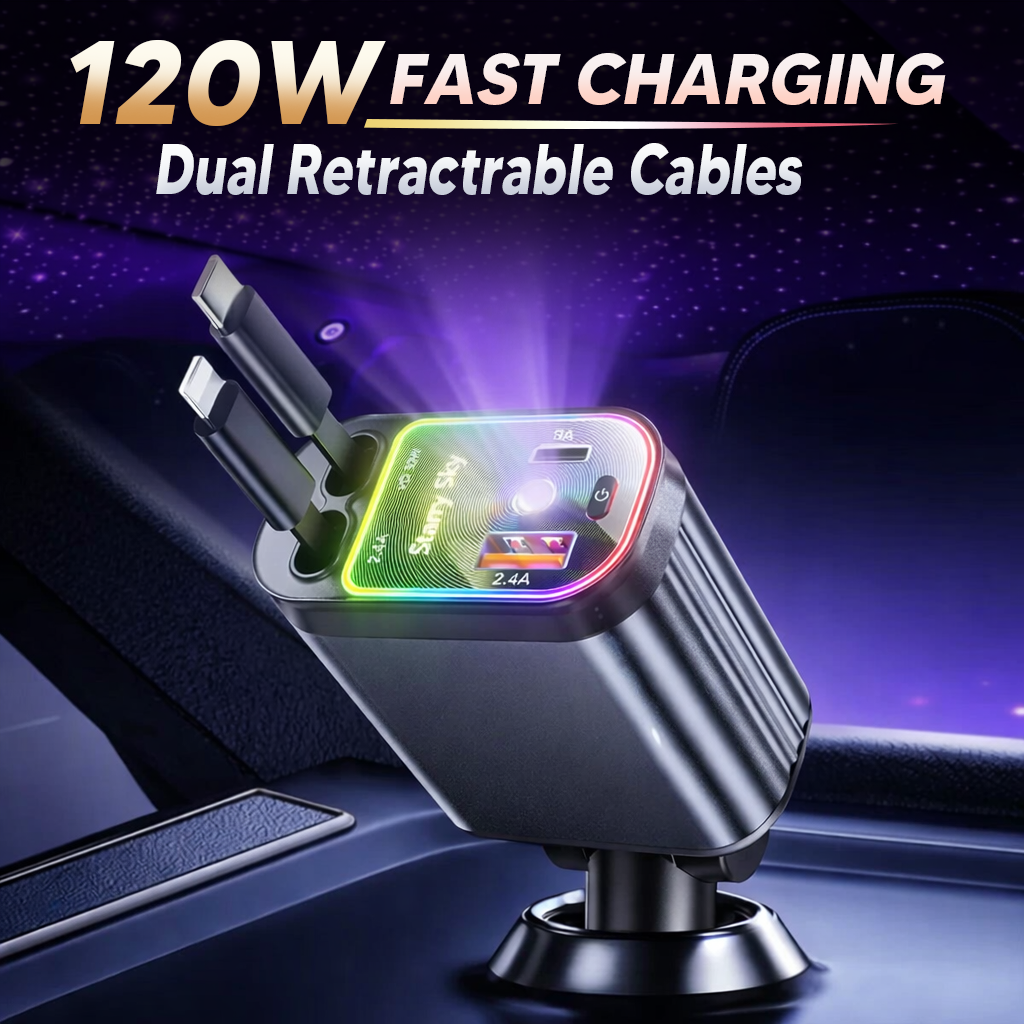 ⚡ 120W 4-in-1 Retractable Car Charger with Anti-Tangle Cables