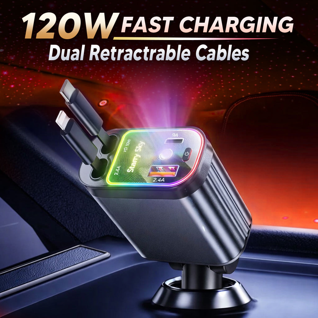 ⚡ 120W 4-in-1 Retractable Car Charger with Anti-Tangle Cables
