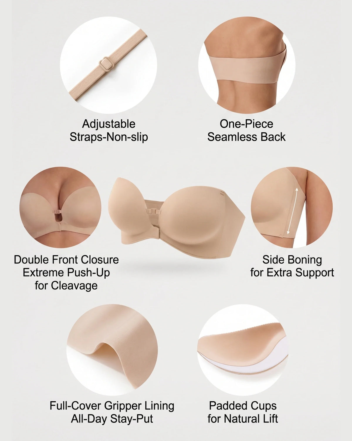 Front-Closure Wireless Padded Strapless Bra