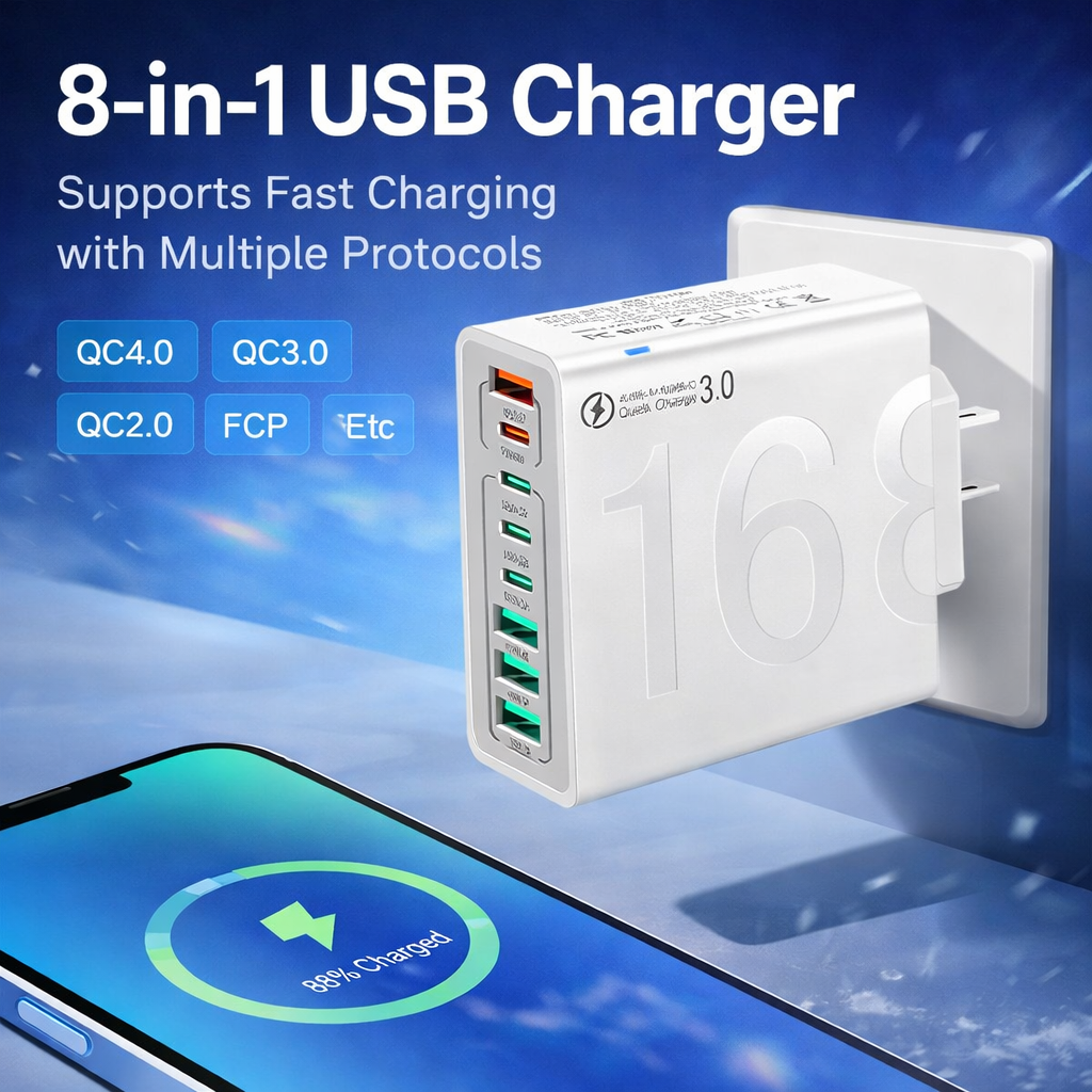 8-Port Fast Charging USB Hub (4 USB-C + 4 USB-A) – Smart, Portable Charger for Phones, Tablets, and More