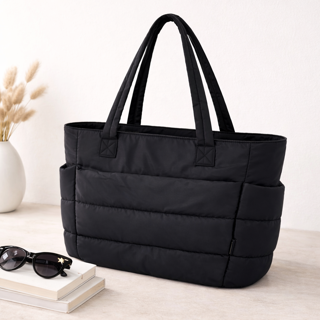 Large Capacity Quilted Tote Bag with Side Cup Holders