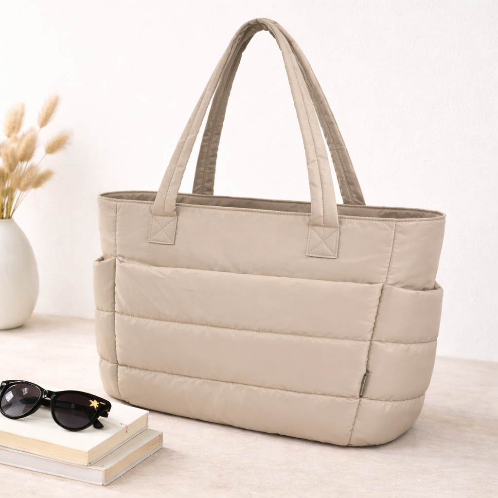Large Capacity Quilted Tote Bag with Side Cup Holders