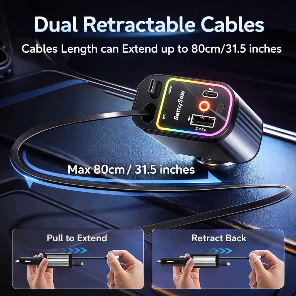 ⚡ 120W 4-in-1 Retractable Car Charger with Anti-Tangle Cables