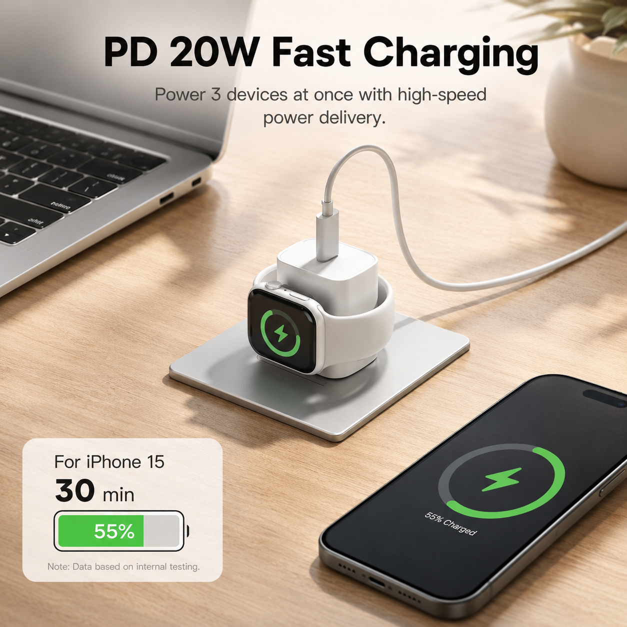 3-in-1 PD20W USB C Charger Block with Built-in Wireless Watch Charging