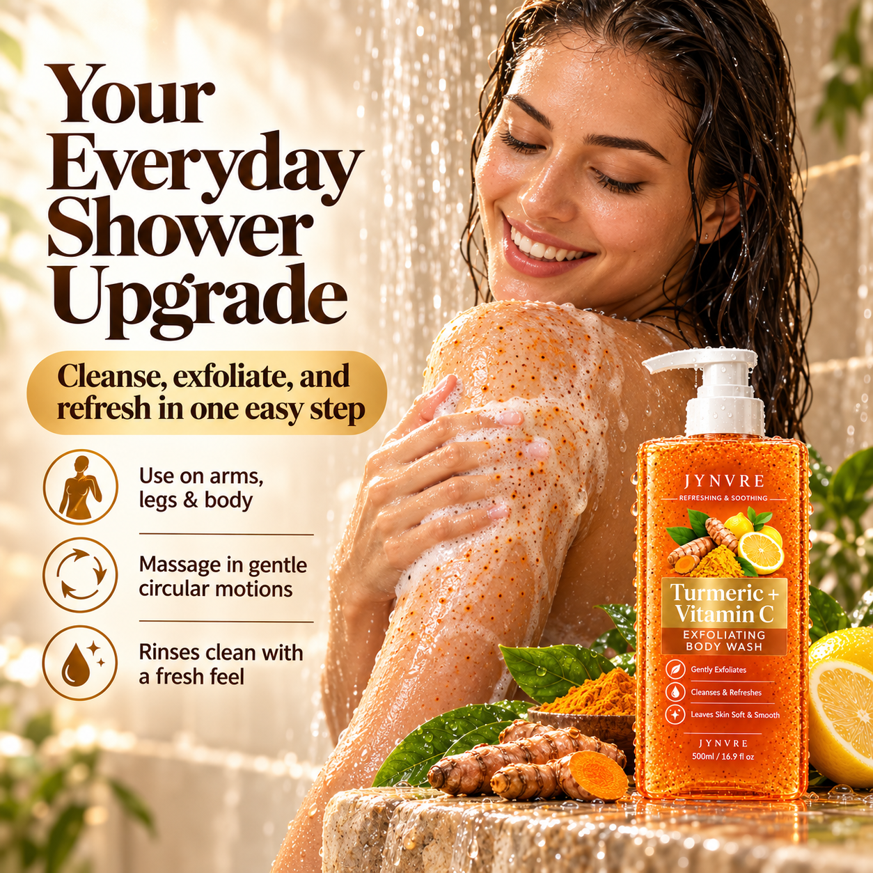 Woman using JYNVRE body wash in the shower