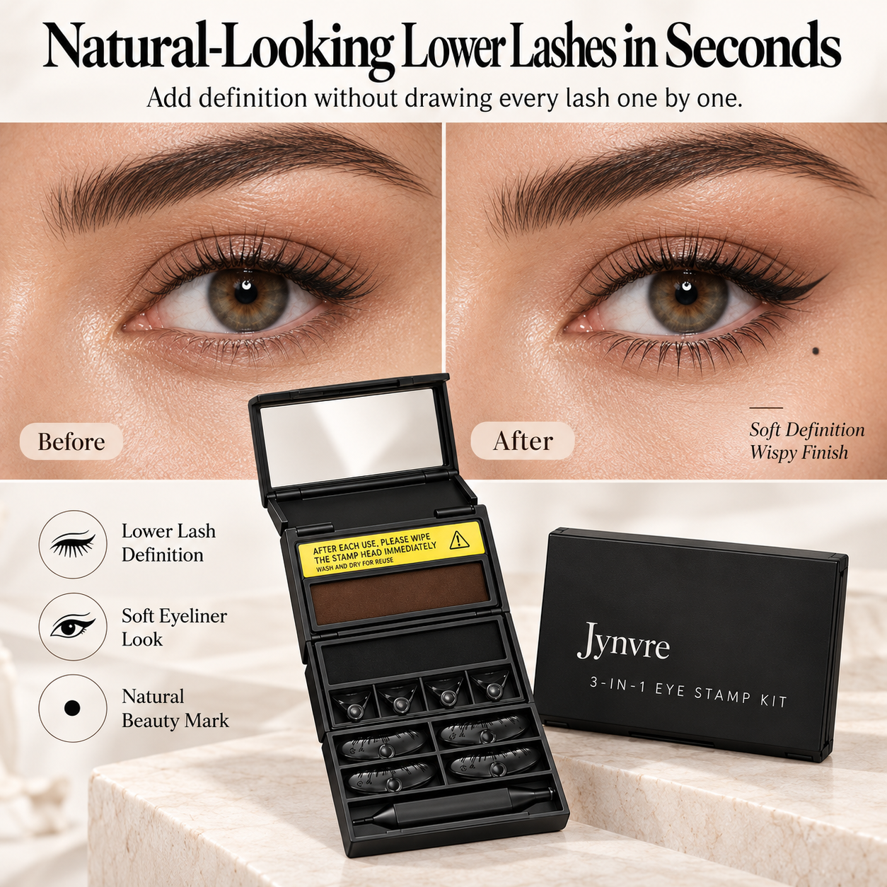 Before and after lower-lash definition using the Jynvre eye stamp kit