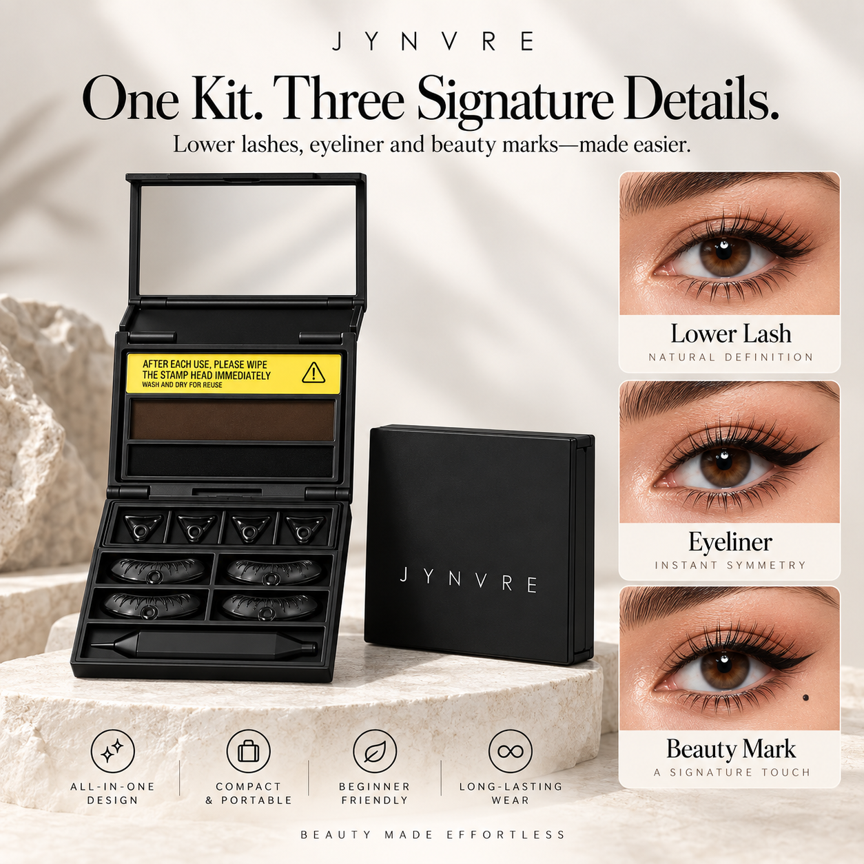 Jynvre kit showing lower lash eyeliner and beauty mark looks