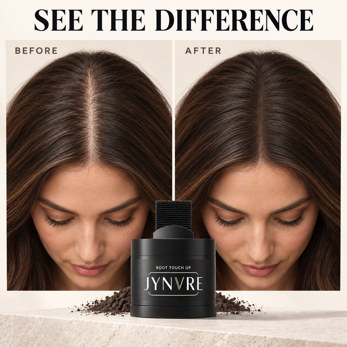 Side by side view of a hair part before and after root touch-up powder application