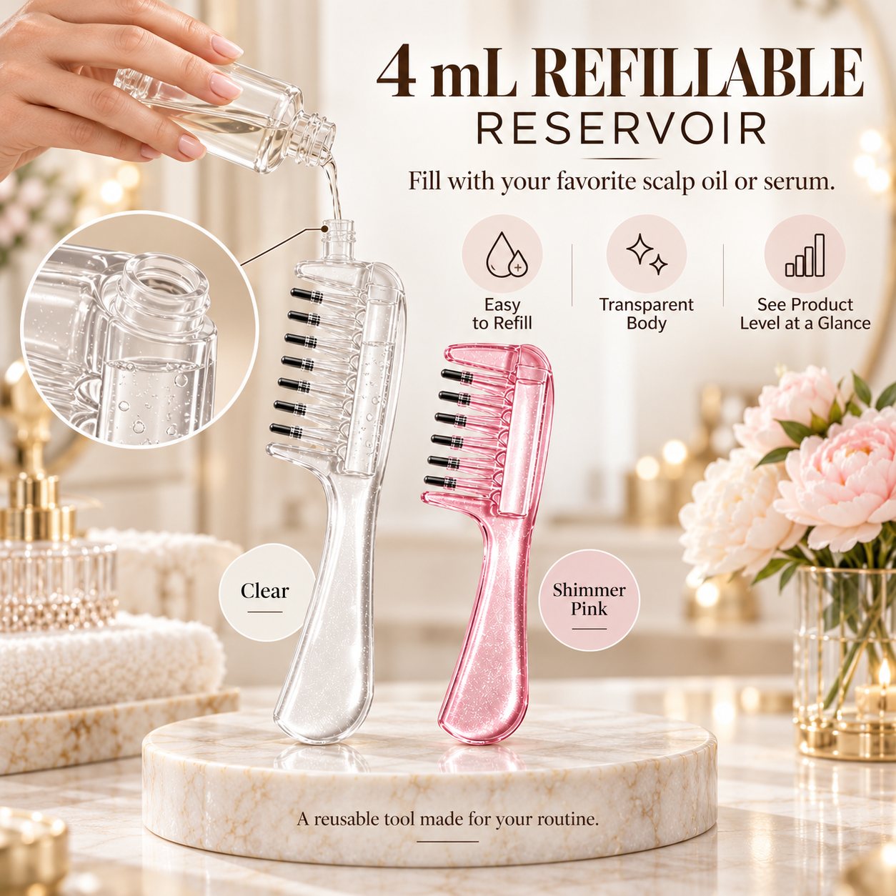 Refilling the transparent 4 mL scalp applicator reservoir