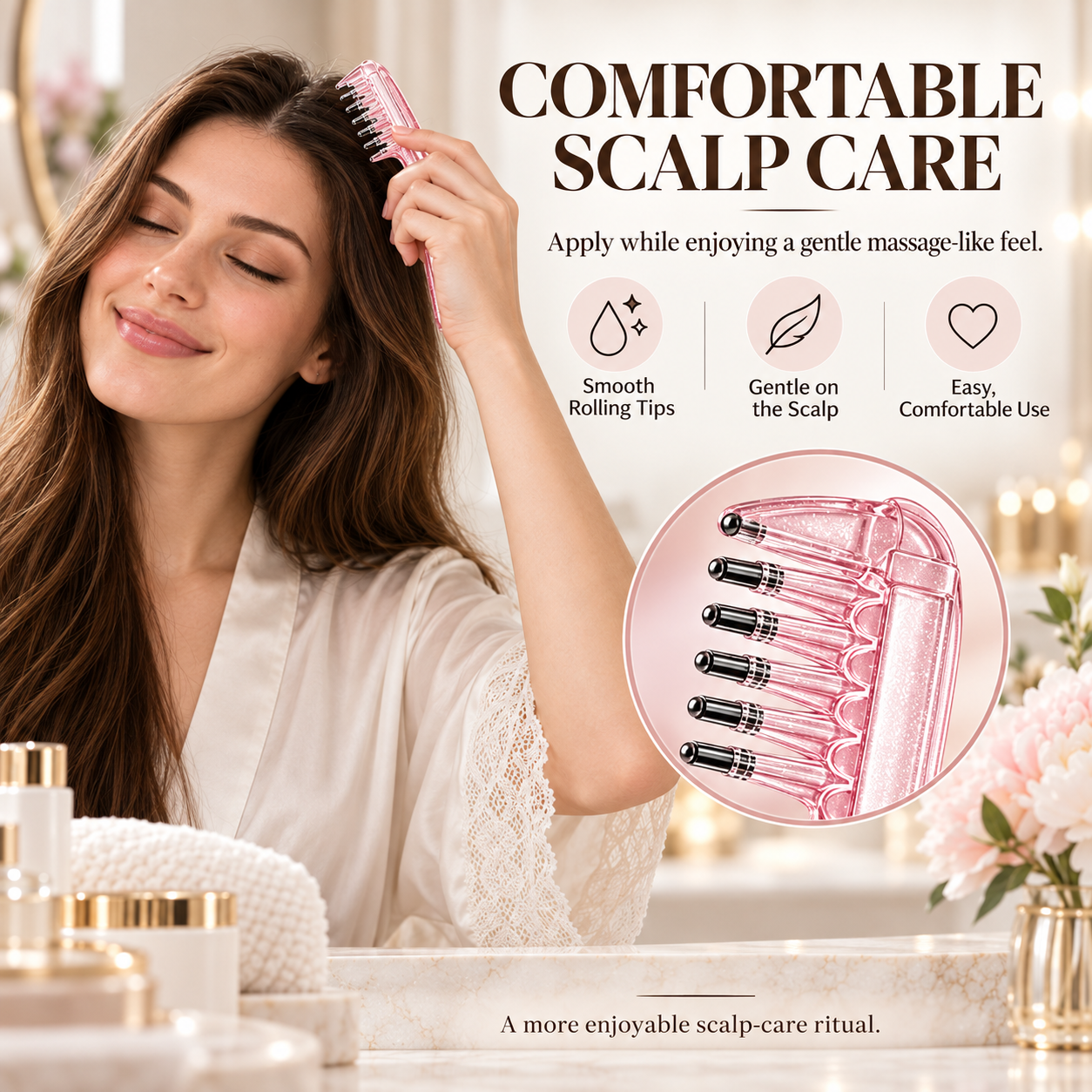Shimmer Pink scalp applicator used for comfortable scalp care
