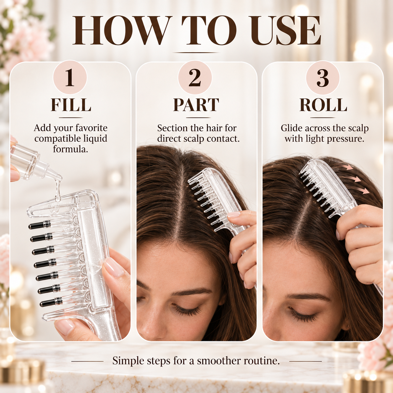Three steps showing how to use the scalp liquid applicator comb