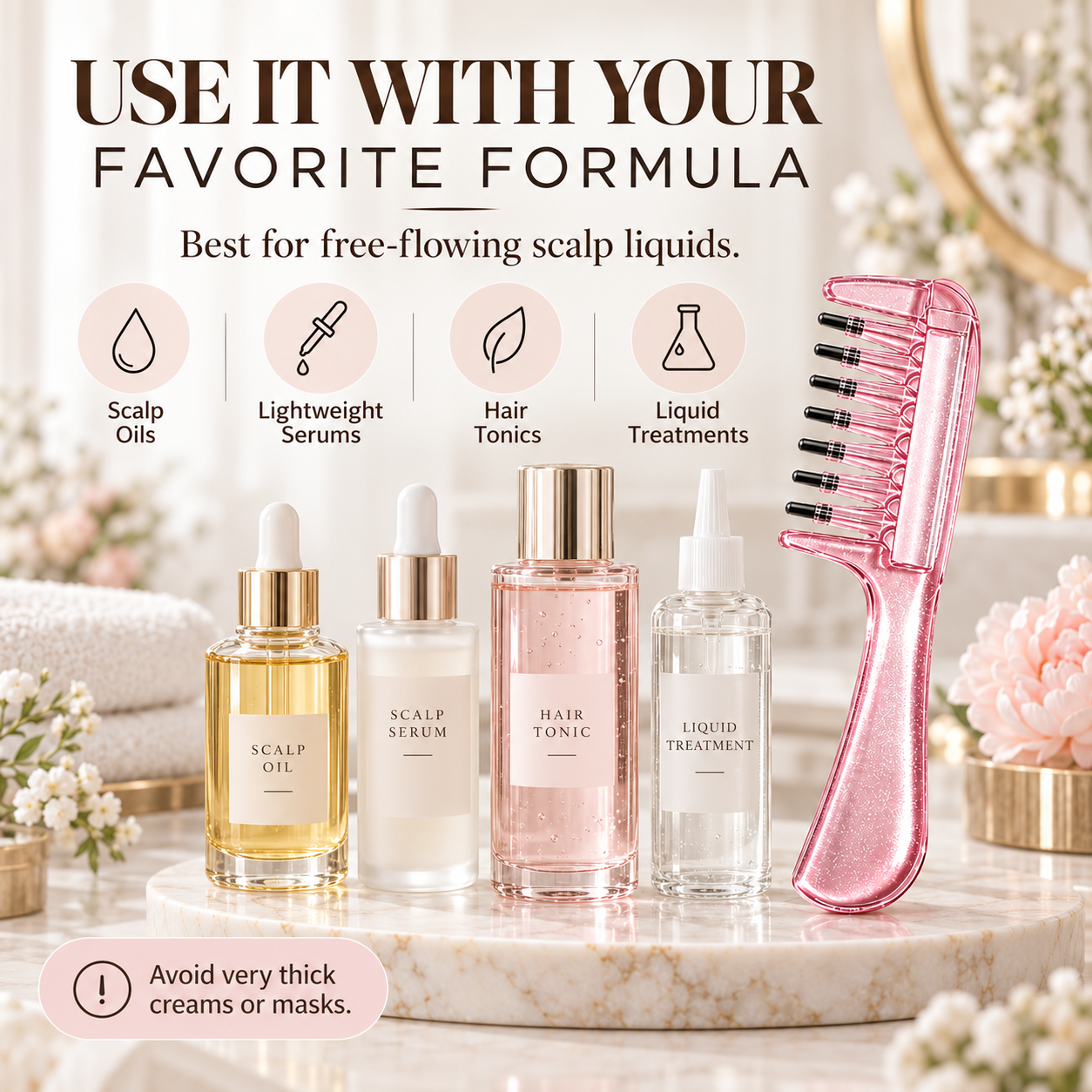 Scalp oils lightweight serums hair tonics and liquid treatments beside the applicator comb