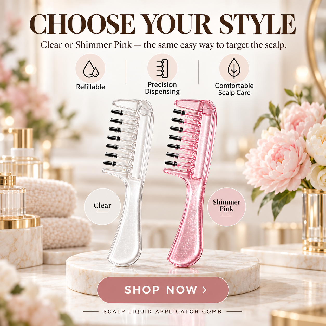 Clear and Shimmer Pink scalp liquid applicator comb color options